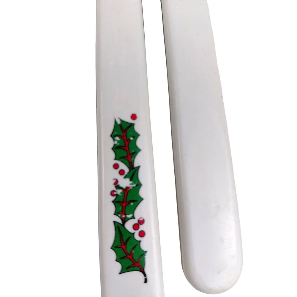 Vtg Stainless Silverware Flatware Plastic Christmas Holly Leaves Berries  Pcs